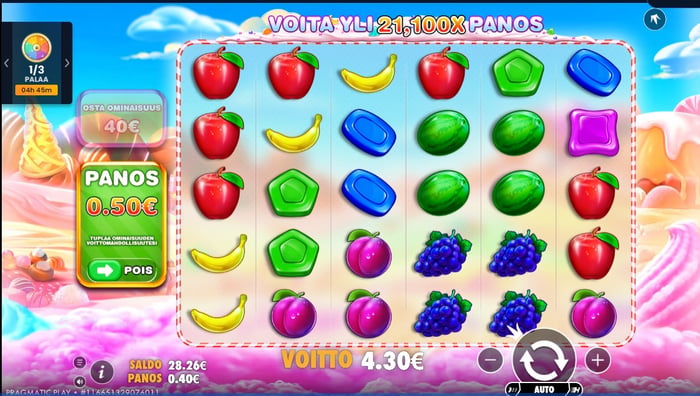 Sweet Bonanza -pelin 4,30 euron voitto Millionerilla.