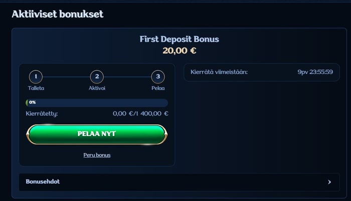 Millionerin aktiivinen käteisbonus kierrätysvaatimuksella.