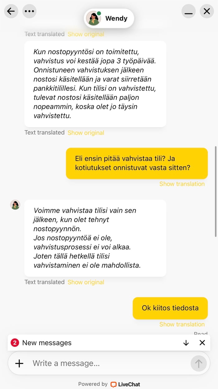 MinoCasino asiakaspalvelu vastaa kysymykseen tilin vahvistamisesta.