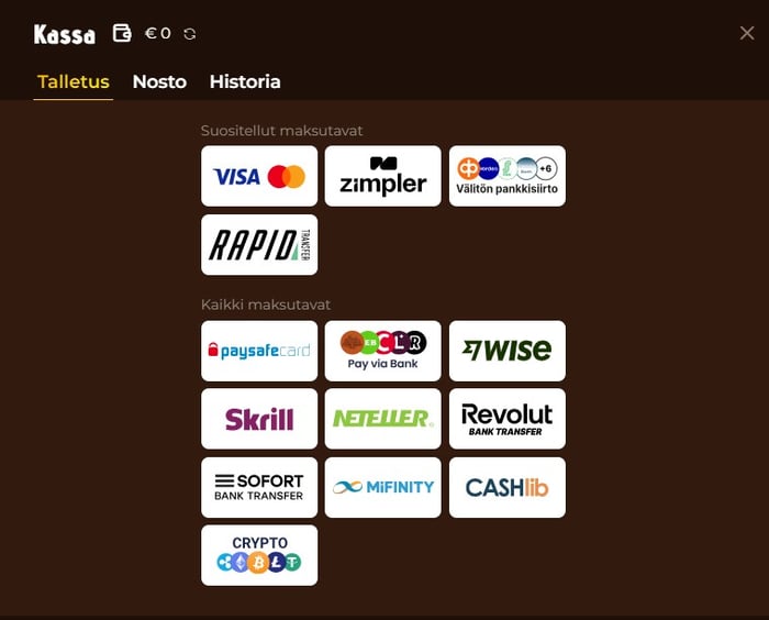 Suosituimpia Mino Casino talletustapoja ovat Visa, Zimpler, välitön pankkisiirto ja Rapid Transfer.