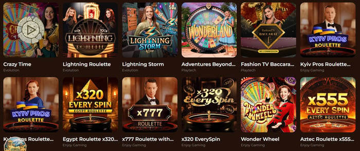 MinoCasinolla on live-pelejä, kuten Crazy Time, Lightning Storm ja Wonder Wheel moneen makuun.