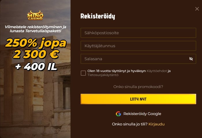 MinoCasinolla rekisteröityminen tapahtuu lomakkeen kautta sähköpostilla, käyttäjätunnuksella ja salasanalla.