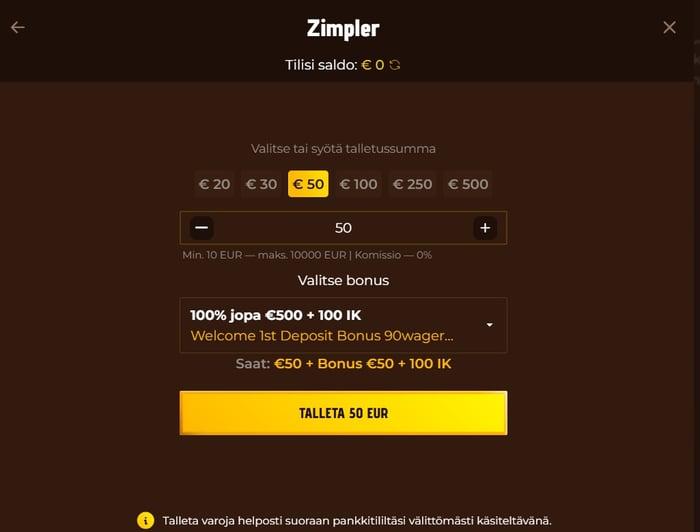 MinoCasino talletus tapahtuu esimerkiksi Zimplerin kautta. Minimisumma on 10 € ja maksimi 10 000 €. Ei komissiota.
