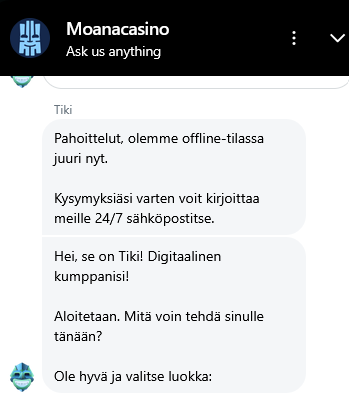 Moana Casinon asiakaspalvelun chat, jossa on tarjolla digitaalinen tuki: Tiki.