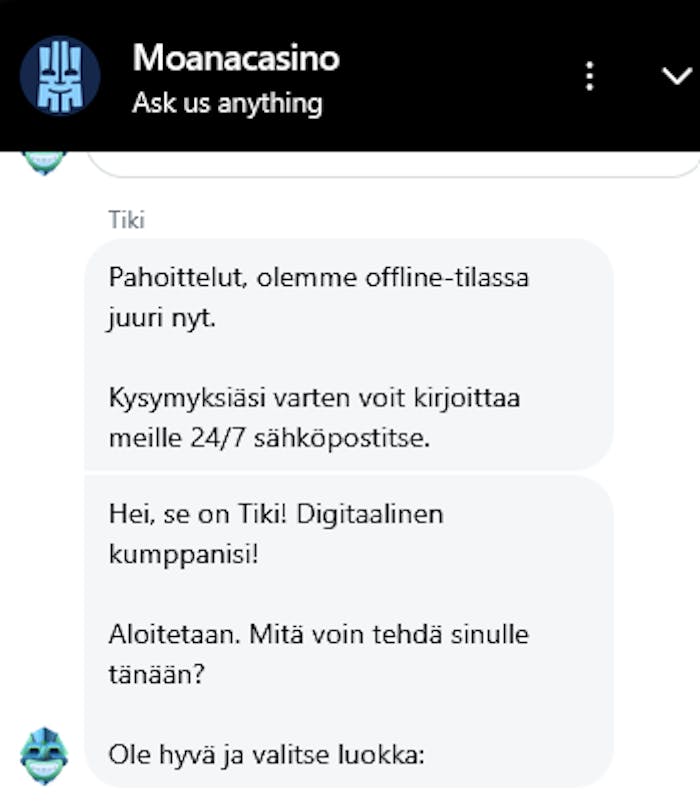 Moana Casinon asiakaspalvelun chat, jossa on tarjolla digitaalinen tuki: Tiki.