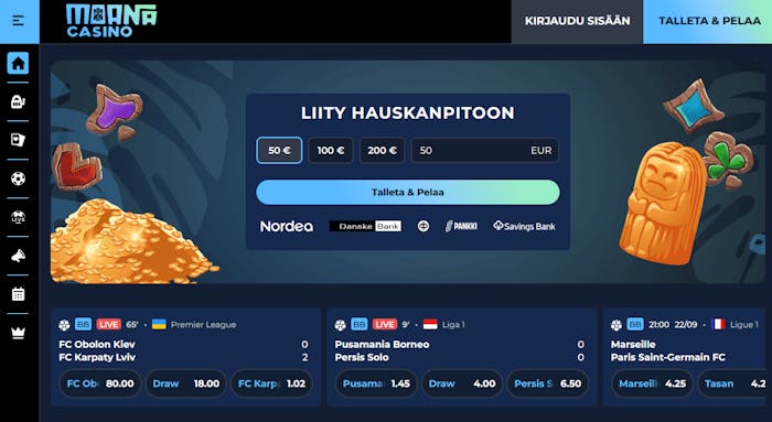 Moana Casinon etusivu, jossa näkyy Talleta ja Pelaa -kaavake.