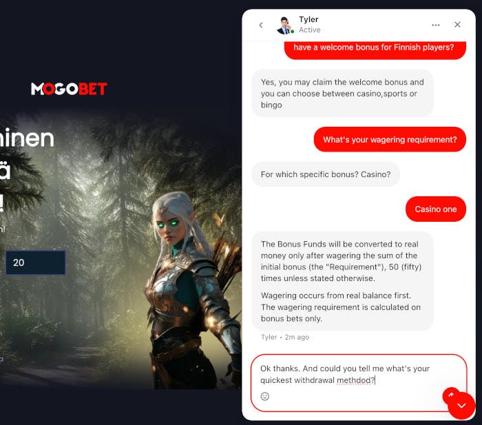 Otin yhteyttä MogoBet Casinoon live-chatin kautta ja sain palvelua englanniksi.