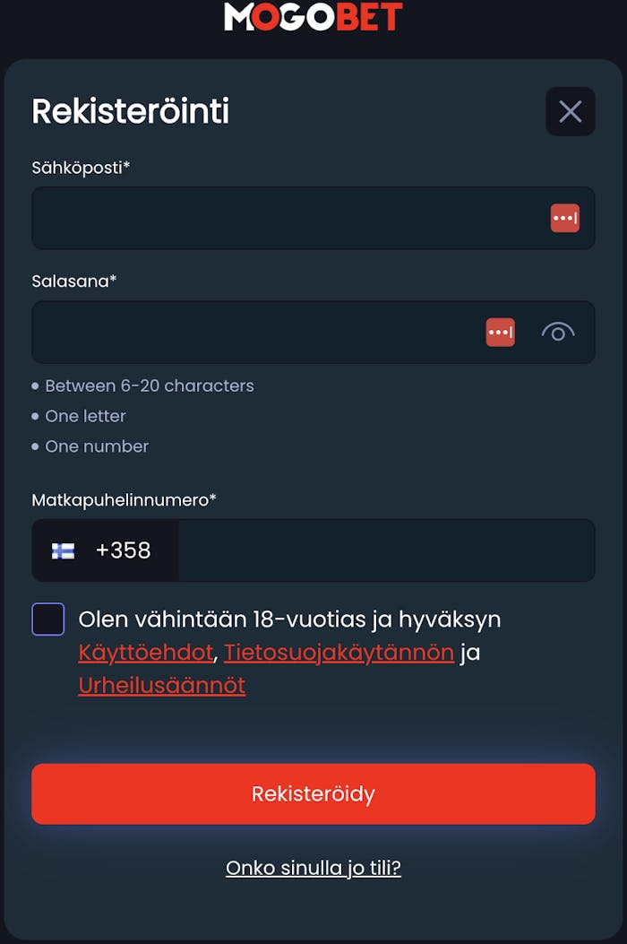 Mogobet rekisteröityminen onnistuu nopeasti ja helposti