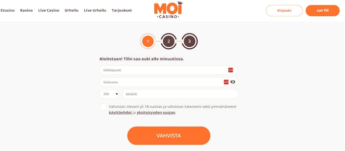 Moi Casino rekister?ityminen lomakkeella.