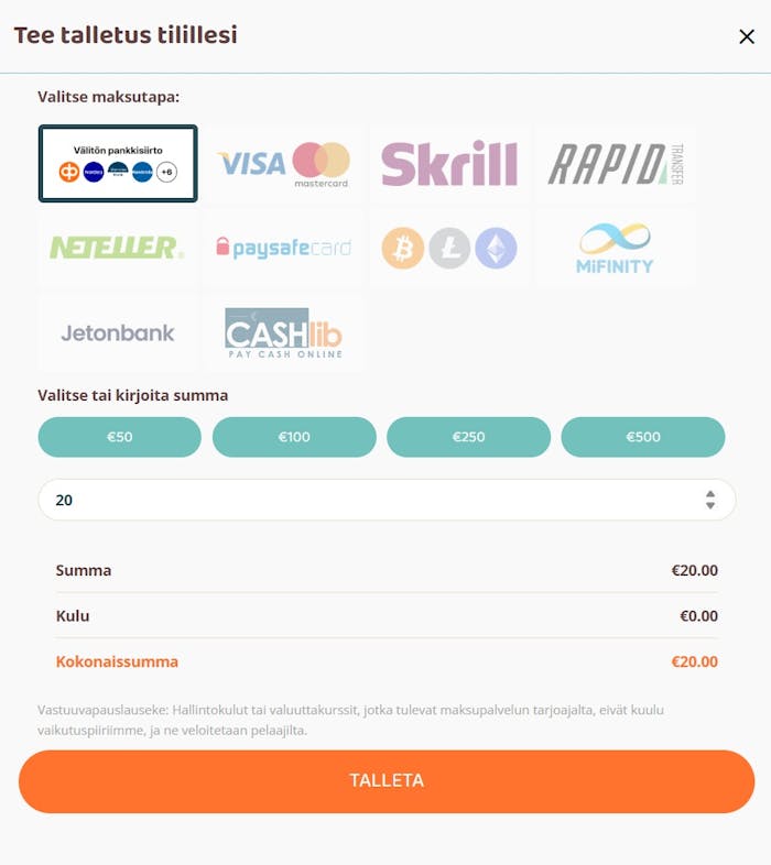 Moi Casinon maksutavat talletuksen tekoon, mukana muun muassa Visa, Skrill ja Neteller.