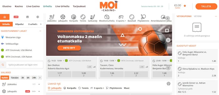 Moi Casinon urheiluvedonlyöntiosio sisältää useita eri kohteita, kuten Veikkausliiga.
