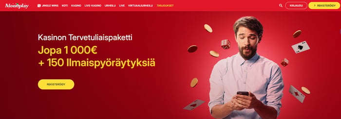 Monoplay Casino etusivu näyttää kasinon tervetuliaispaketin jopa 1 000 € asti + 150 ilmaispyöräytystä.