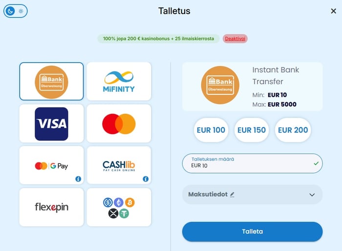 Monoplay Casino talletus onnistuu tilisiirrolla, pankkikortilla, nettilompakoilla ja kryptovaluutoilla.