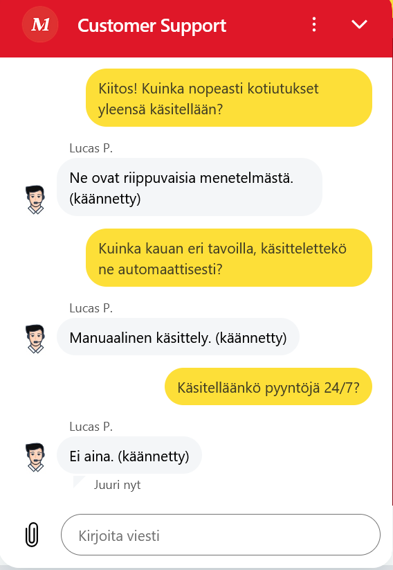 Monoplay Casino livechat vastaa kysymykseen kotiutusten käsittelynopeudesta.