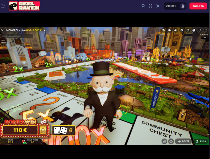 Reel Ravenin Monopoly Live -pelinäkymä, jossa näkyy 3D-pelilauta, Monopoly-hahmo ja bonusvoitto.