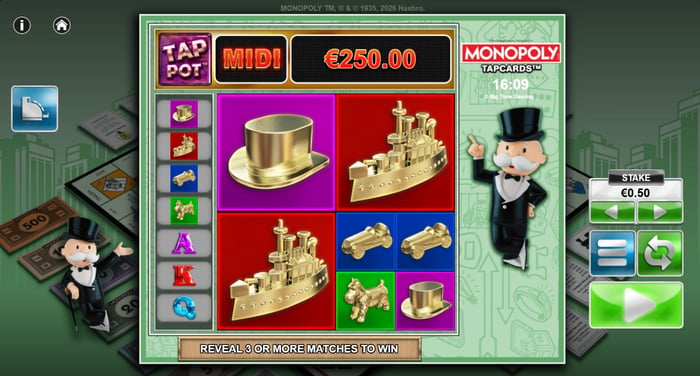Monopoly Tapcards -pelin bonusruutu ja pelikenttä Big Time Gamingilta.