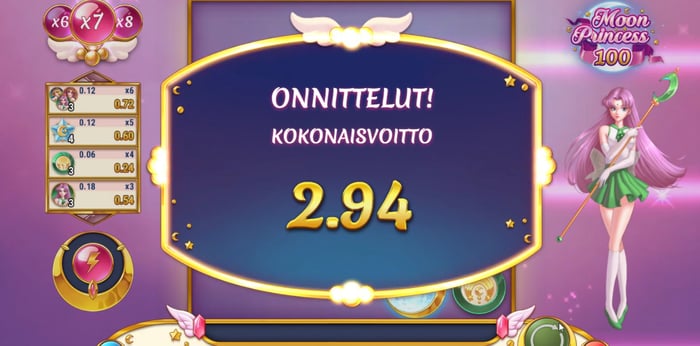 Moon Princess 100 kolikkopelin testikierroksen suurin kokonaisvoitto oli 2,94 euroa.