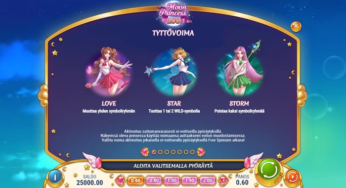 Moon Princess 100 kolikkopelin Tyttövoima-toiminto palkitsee myös ei-voittavilla kierroksilla.