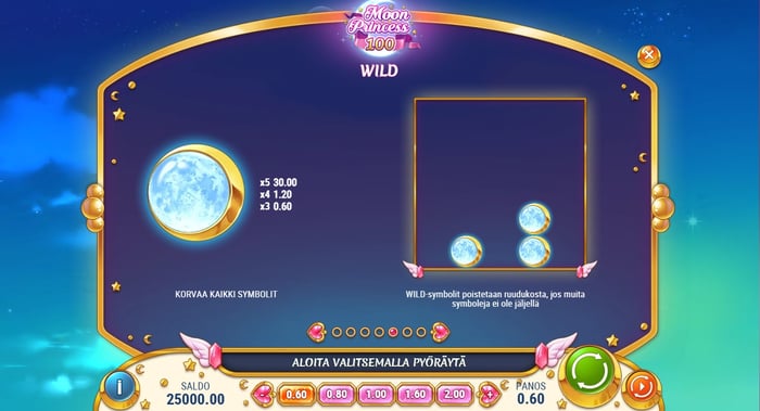 Moon Princess 100 kolikkopelissä wild-symboli näyttäytyy täysikuun muodossa.