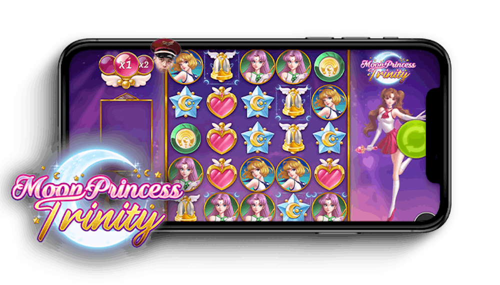 Moon Princess Trinity slotin logo ja peliruudukko puhelimen näytöllä.