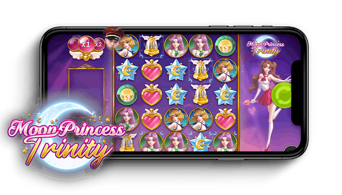 Moon Princess Trinity slotin logo ja peliruudukko puhelimen näytöllä.