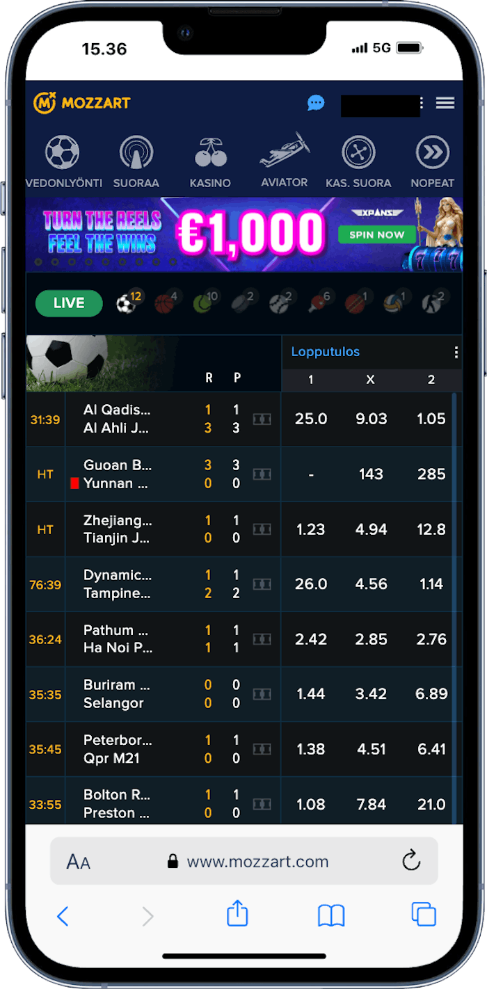 Mozzart Casino on optimoitu erinomaisesti mobiililaitteille. Kuvassa iPhone-näkymä