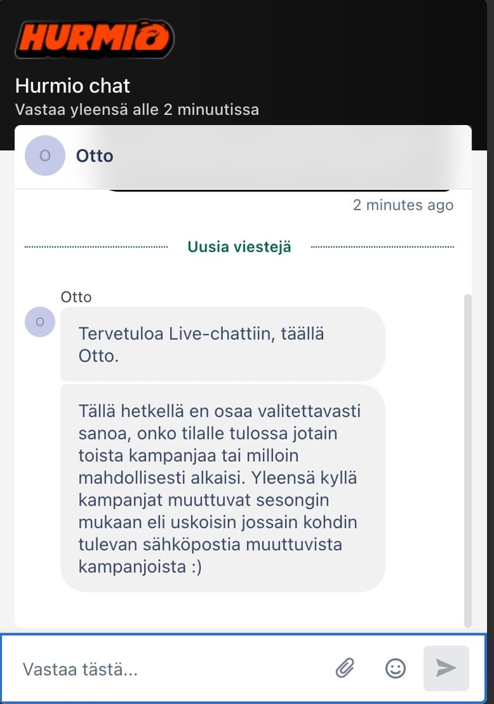Otto-nimisen asiakaspalvelijan vastaus Hurmion live-chatissa.