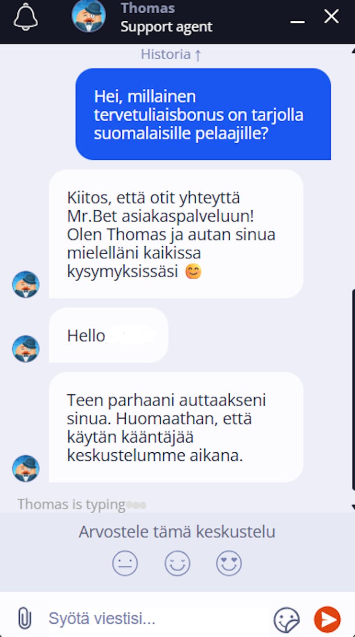 MrBet asiakaspalvelu chat