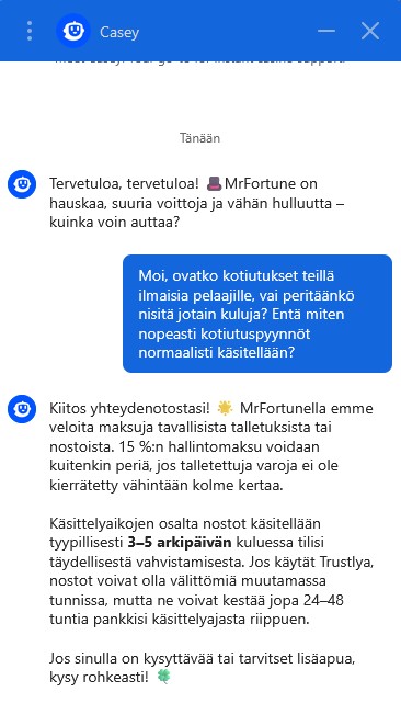 Mr Fortune kasinon asiakaspalvelun chat, jossa tiedustellaan rahansiirtojen kuluista.