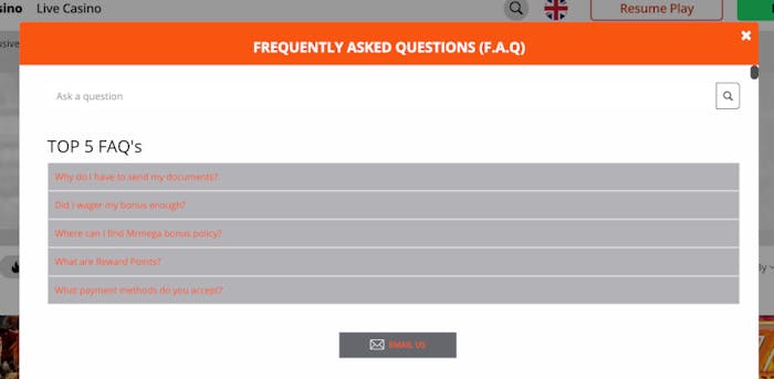 Mr Mega Casinon sähkpostituki toimii 7 päivänä viikossa.