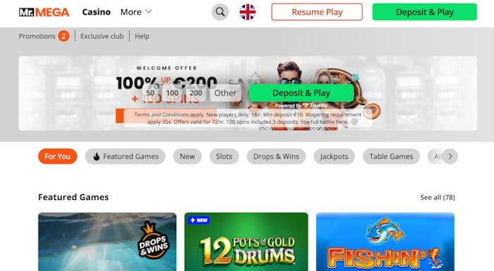 Mr Mega Casino palkitsee 100 % tervetuliaisbonuksella.