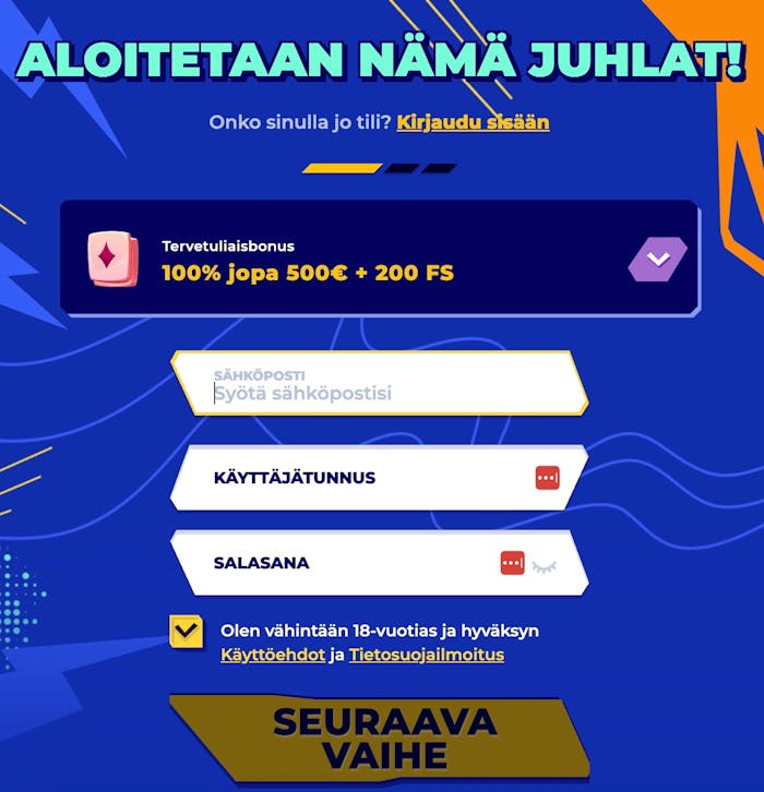 Rekisteröitymislomake Mr Pacho Casinolla. Rekisteröitymisen yhteydessä valitaan myös bonus.