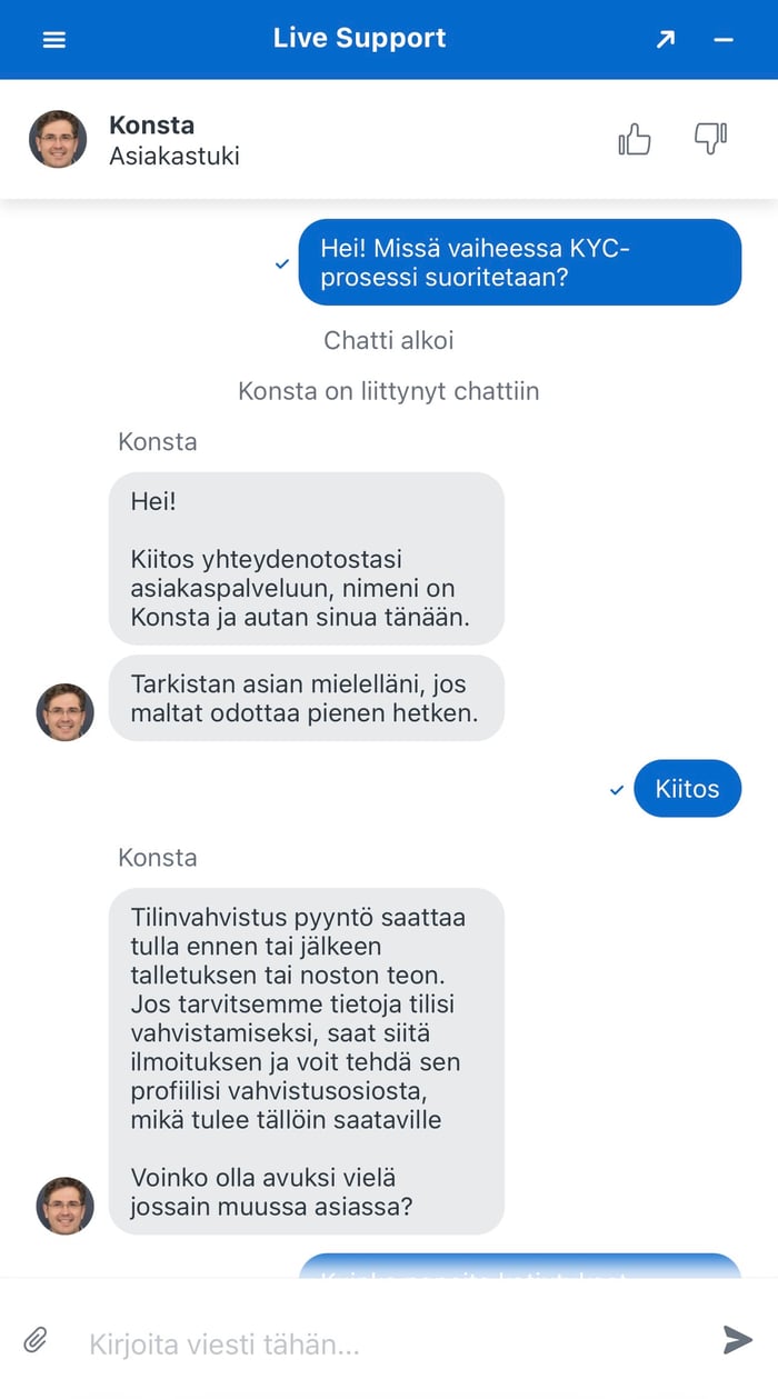 MrPunter asiakaspalvelun tavoittaa chatista, ja tukea on tarjolla suomeksi.