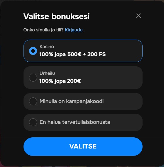 MrPunter Casinon tervetubonuksen saa käyttöön valitsemalla sen rekisteröitymisen yhteydessä.