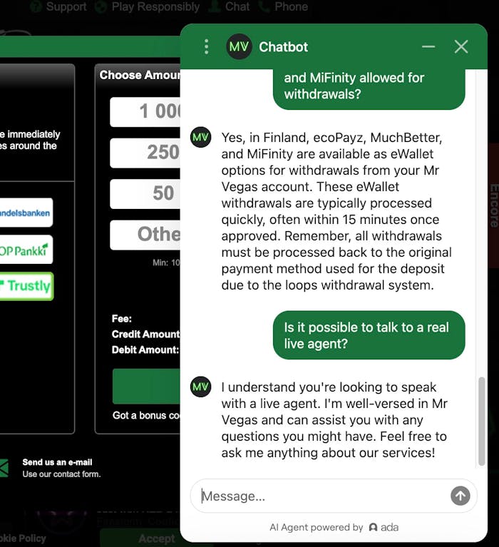 Chat-bot vastailee pelaajan kysymyksiin Mr Vegas Casinolla