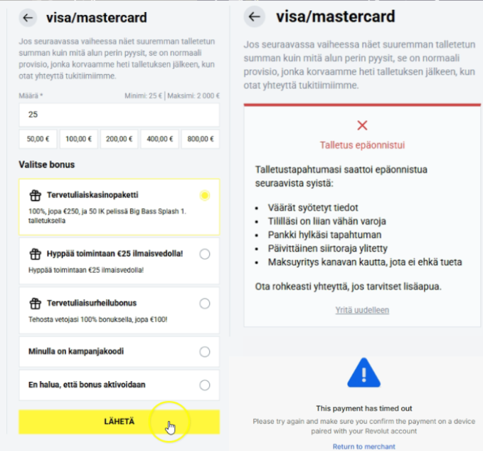 Ensimmäinen epäonnistunut talletusyritys FreeSpinzalla.