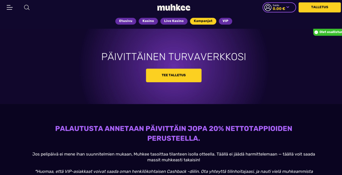 Muhkee Casinon kampanjasivu, jossa tarjotaan päivittäin jopa 20 prosentin cashback nettotappioista.