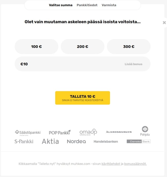 Muhkee Kasinon talletuslomake 10 euron talletuksella.