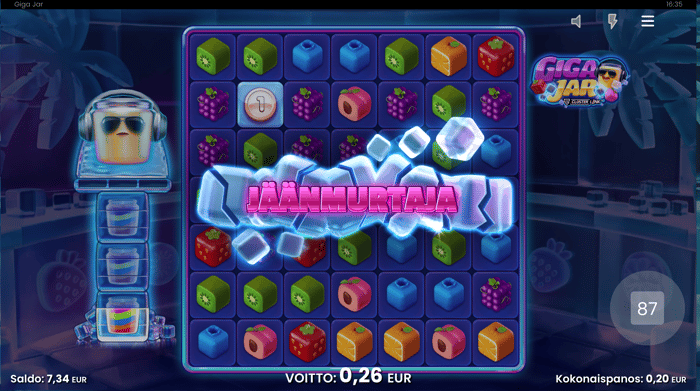 Giga Jar -pelin Jäänmurtaja-bonustoiminto käynnissä Muhkee Casinolla, voitto 0,26 euroa ja saldo 7,34 euroa.