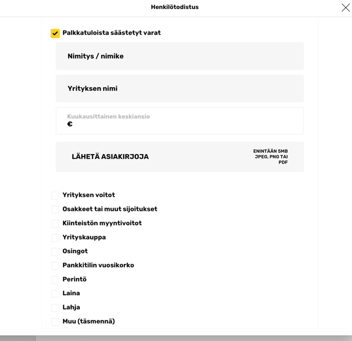 Muhkee Casinon KYC-lomake varojen alkuperästä, jossa valittuna 