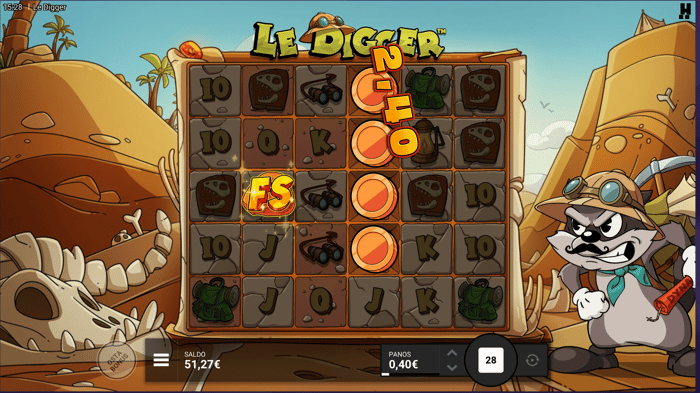 Le Digger -kolikkopeli käynnissä Muhkee Casinolla, ruudukossa FS-symboli ja kertoimet, saldo 51,27 euroa ja panos 0,40 euroa.