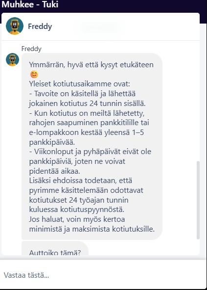 Muhkeen asiakastuen vastaus kotiutusaikoja koskevaan kysymykseen.
