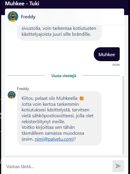 Ensimmäinen vastaus asiakastuelta live-chatissa.