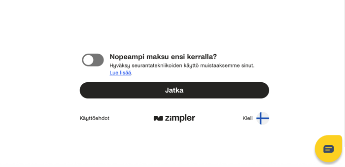 Zimplerin maksunäkymä Muhkee Casinolla, jossa kysytään lupaa seurantatekniikoiden käyttöön nopeampaa maksua varten.