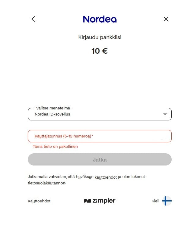 Pankkiin kirjautuminen Zimplerin kautta.