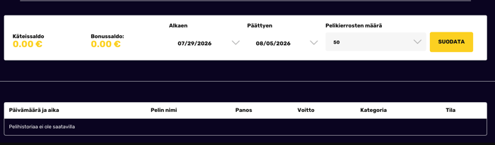 Muhkee Casinon pelihistoria-näkymä, jossa aikavälillä 29.7.–5.8.2026 lukee 