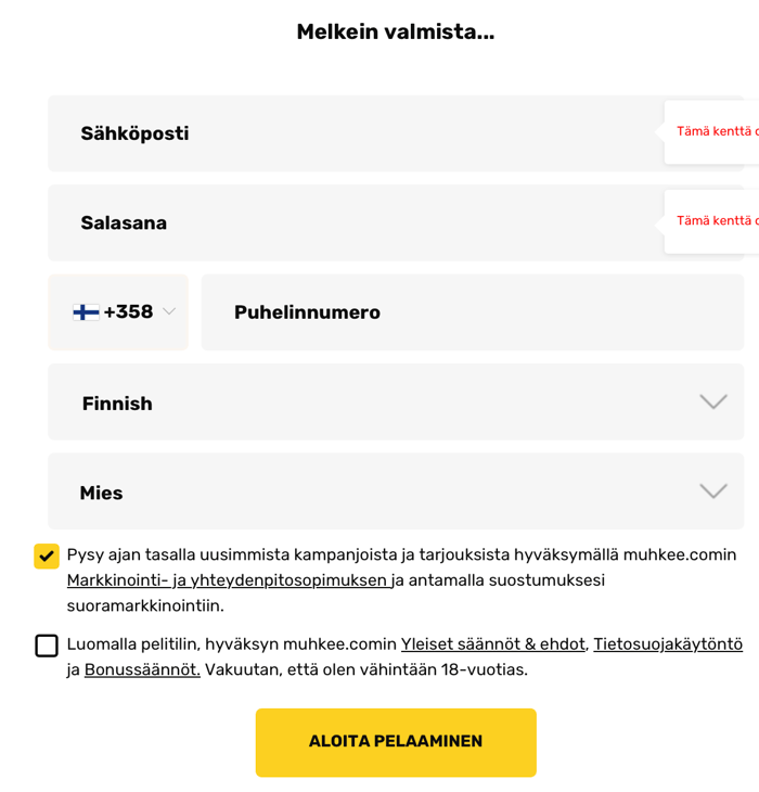 Muhkee Casinon rekisteröitymislomake, jossa kentät sähköpostille, salasanalle ja puhelinnumerolle sekä ehtojen hyväksyntäruudut.