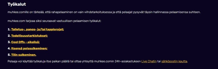 Muhkee Kasinon vastuullisen pelaamisen työkalut.
