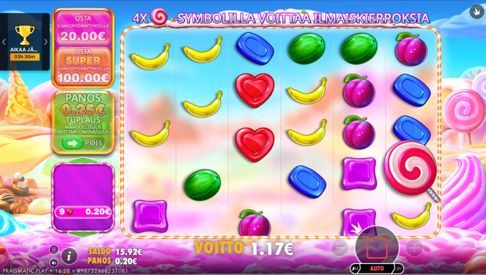 Sweet Bonanza -kolikkopeli Muhkee Casinolla, voitto 1,17 euroa 0,20 euron panoksella sekä bonuksen ostovaihtoehdot 20 ja 100 euroa.