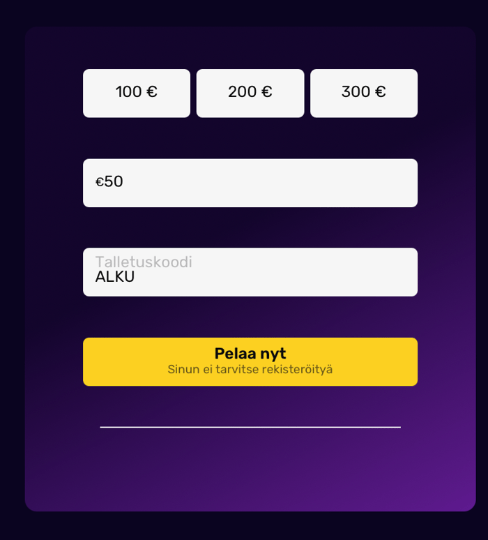 Muhkee Casinon talletusnäkymä, jossa pikavalinnat 100, 200 ja 300 euroa, 50 euron summa ja talletuskoodi ALKU.